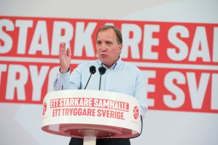 Stefan Lofven speaks during an election campaign meeting in Botkyrka