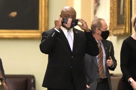 Sen. Tim Scott (R-SC) before delivering the GOP response to Biden's address to congress (Photo by Drew Angerer/Getty Images)