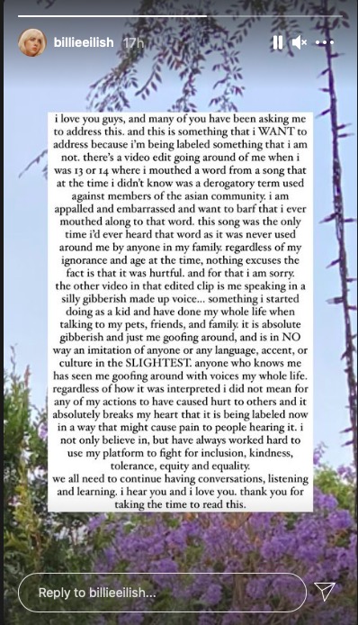 Billie Eilish's apology (Instagram)