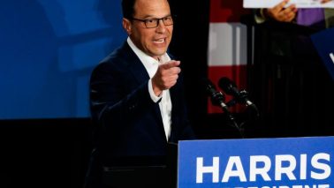Pennsylvania Governor Josh Shapiro speaks during a campaign rally for Vice President Kamala Harris (Photo by Hannah Beier/Getty Images)
