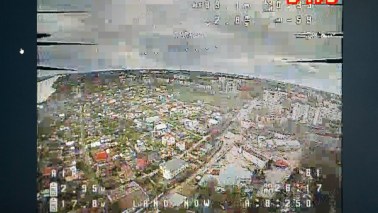 KHERSON, UKRAINE - APRIL 7: A screen displays an intercepted live feed from a Russian FPV drone as it flies on a course toward the city on April 7, 2026 in Kherson, Ukraine. (Photo by Kostiantyn Liberov/Libkos/Getty Images)
