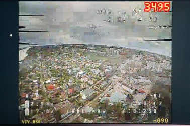 KHERSON, UKRAINE - APRIL 7: A screen displays an intercepted live feed from a Russian FPV drone as it flies on a course toward the city on April 7, 2026 in Kherson, Ukraine. (Photo by Kostiantyn Liberov/Libkos/Getty Images)