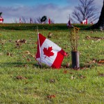 Canadian flag arranged on the side of a hill for Remembrance Day at a local Nova Scotia gravesite for a veteran who served in the Canadian Armed Forces.